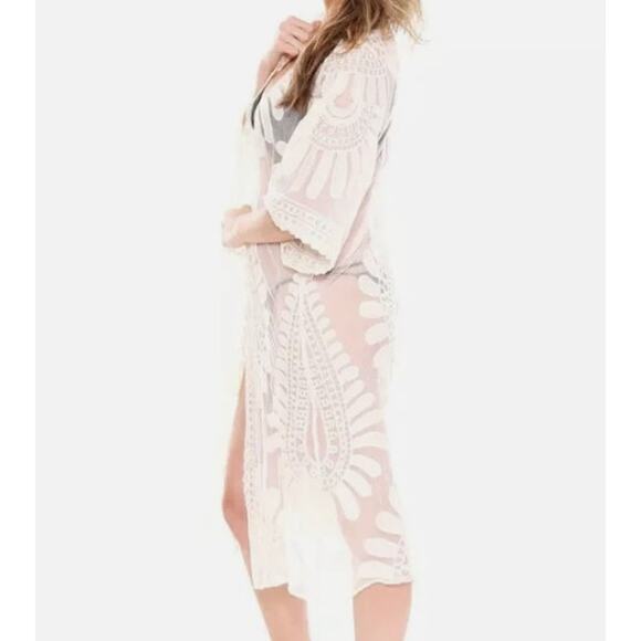 Rebellion Again Ivory Lace Open Duster Cardigan Sweater Womans Size Small‎ - Picture 8 of 8